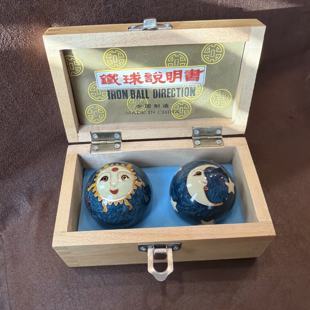 Vintage Chinese Cloisonné Baoding Meditation Balls Sun Moon Chime Set Wood Box